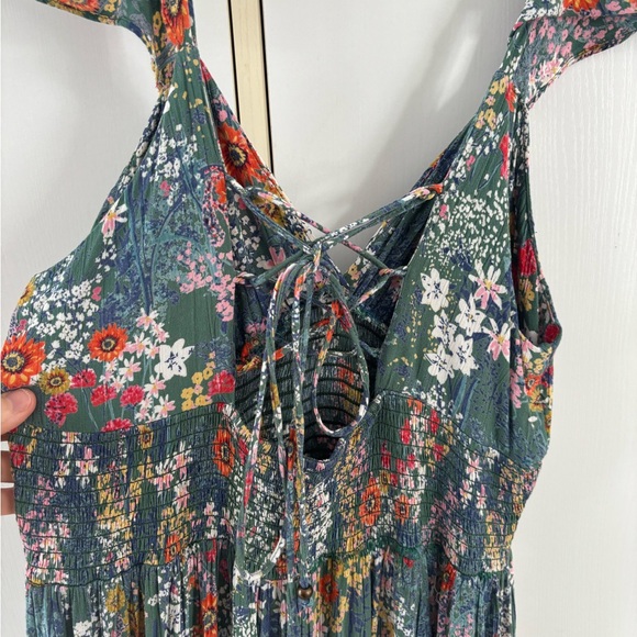 Vintage Multicolore Floral Green Midi Dress Large Slit Tied back Cottagecore - Picture 5 of 12